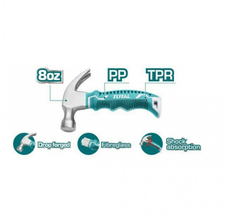 Молоток-гвоздодер МИНИ 220 гр. с обрезиненной рукояткой TOTAL Молоток-гвоздодер МИНИ 220 гр. с обрезиненной рукояткой TOTAL