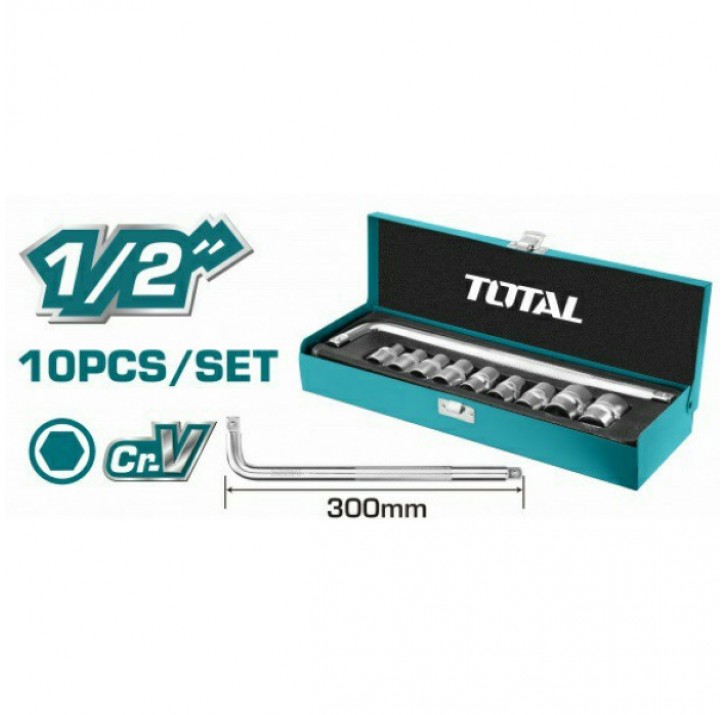 Набор головок с воротком 10шт (10, 12, 13, 14, 17, 19, 21, 22, 24mm x 1/2) TOTAL Набор головок с воротком 10шт (10, 12, 13, 14, 17, 19, 21, 22, 24mm x 1/2) TOTAL