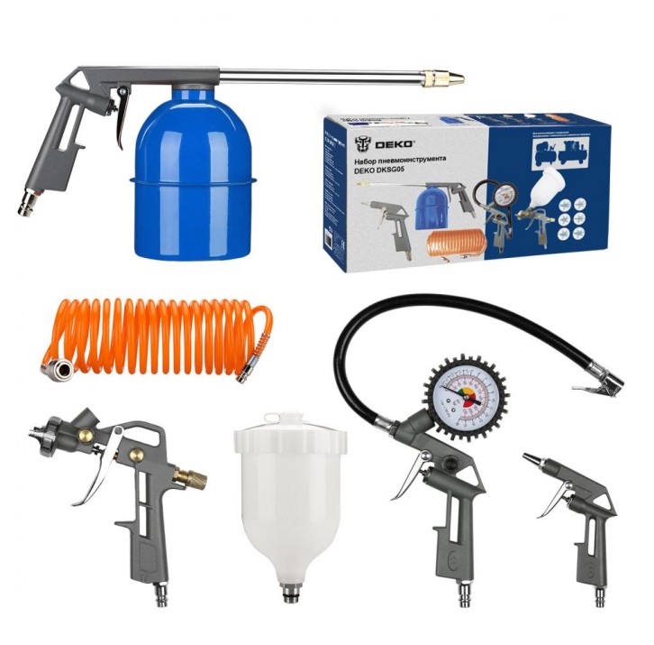 Набор пневмоинструмента DEKO DKSG05 5 предметов+краскораспылитель с верхним бачком 018-0909 Набор пневмоинструмента DEKO DKSG05 5 предметов+краскораспылитель с верхним бачком 018-0909