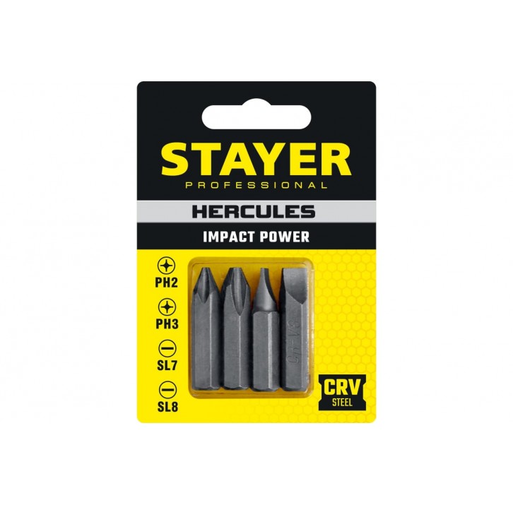 STAYER Hercules 36 мм, 4 шт, Биты для ударной отвертки (25667-S4) STAYER Hercules 36 мм, 4 шт, Биты для ударной отвертки (25667-S4)